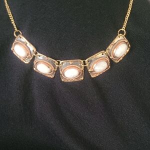 Gold-Tone Necklace with White Oval Stones - Women Costume Jewelry